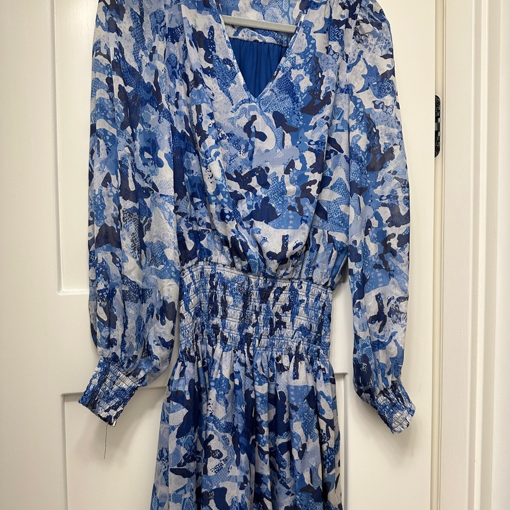 Ramy Brook Blue Camouflage Long Sleeve Dress